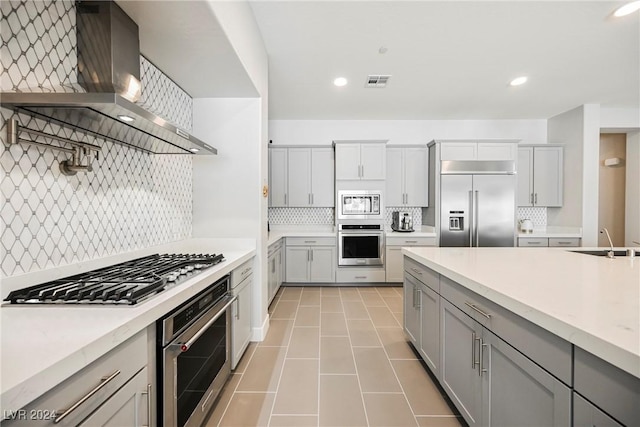 kitchen featuring sink, wall chimney exhaust hood, tasteful backsplash, built in appliances, and gray cabinets