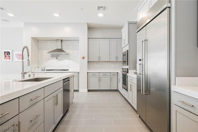 kitchen with sink, wall chimney range hood, backsplash, built in appliances, and decorative light fixtures