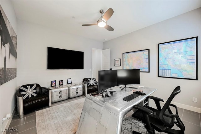 tiled home office with ceiling fan