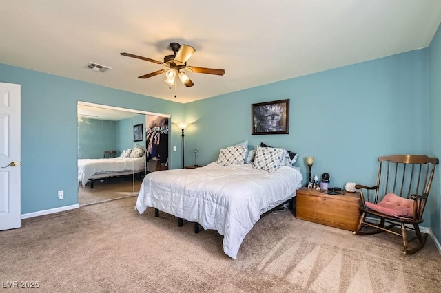 bedroom featuring a closet, carpet flooring, and ceiling fan