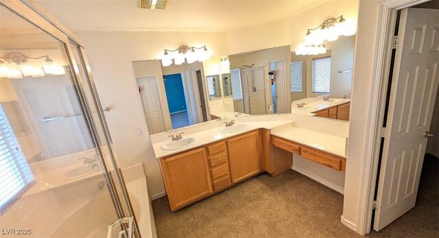 6019 Orca Lilly St, North Las Vegas, NV 89031 - bathroom with carpet floors, vanity, a wealth of natural light, and a shower stall