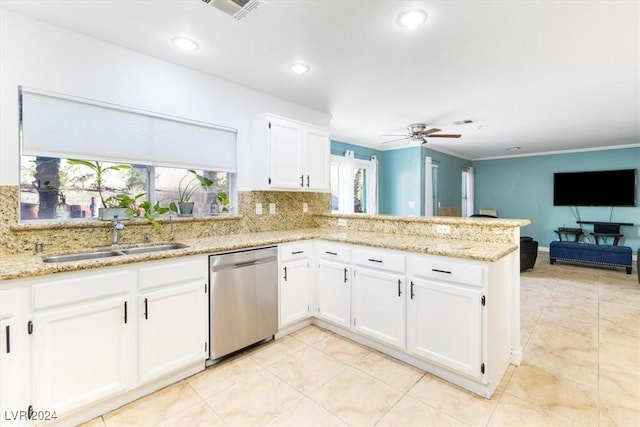 kitchen featuring white cabinetry, dishwasher, ceiling fan, sink, and kitchen peninsula