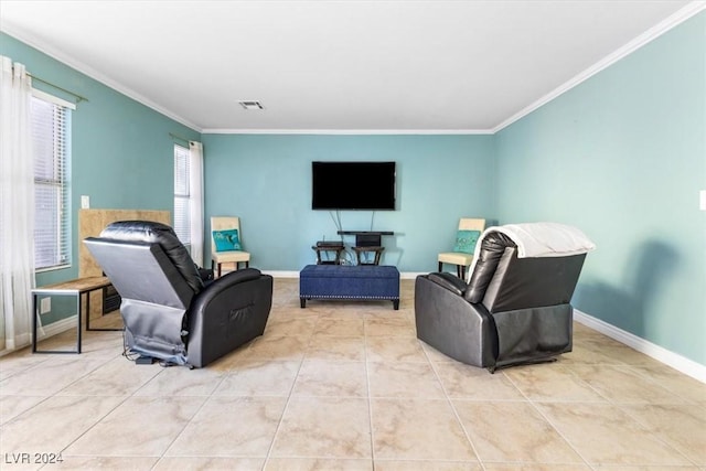 tiled living room featuring ornamental molding