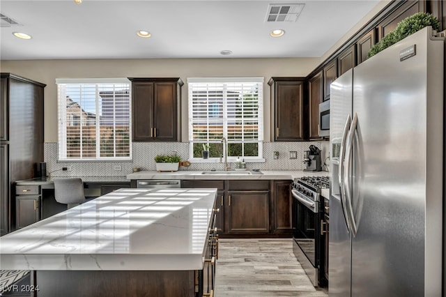 kitchen featuring dark brown cabinetry, sink, a center island, backsplash, and appliances with stainless steel finishes