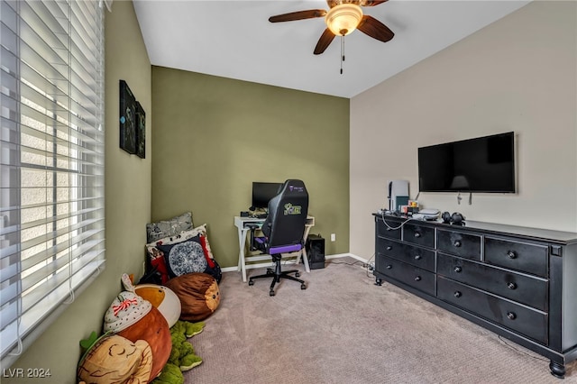 office area featuring ceiling fan and light colored carpet