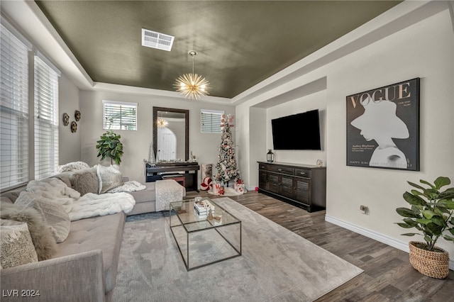 living room with hardwood / wood-style floors and a raised ceiling