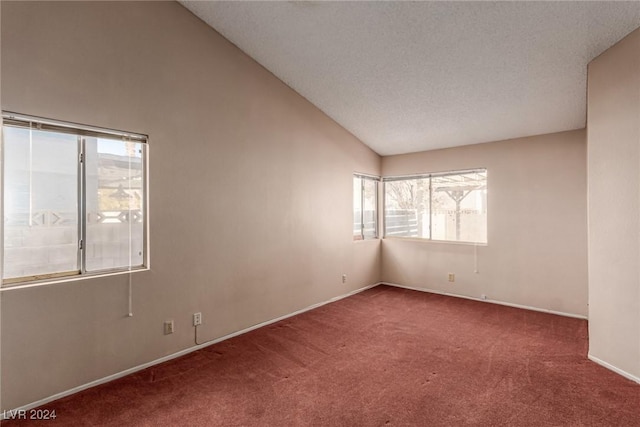 empty room featuring dark colored carpet, lofted ceiling, a textured ceiling, and a wealth of natural light