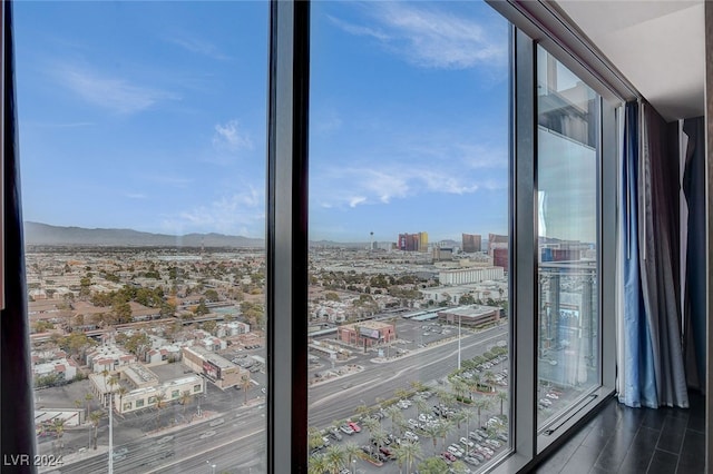 doorway featuring hardwood / wood-style flooring, a mountain view, and expansive windows