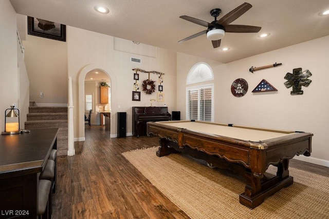 recreation room with dark hardwood / wood-style flooring, ceiling fan, and pool table