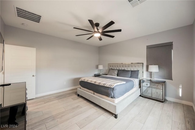 bedroom with ceiling fan and light hardwood / wood-style flooring