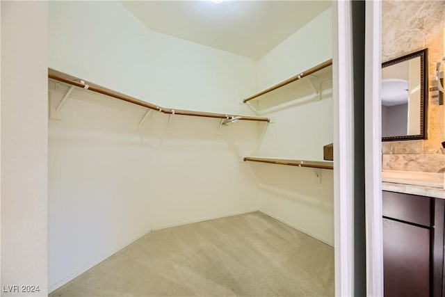 walk in closet featuring light carpet