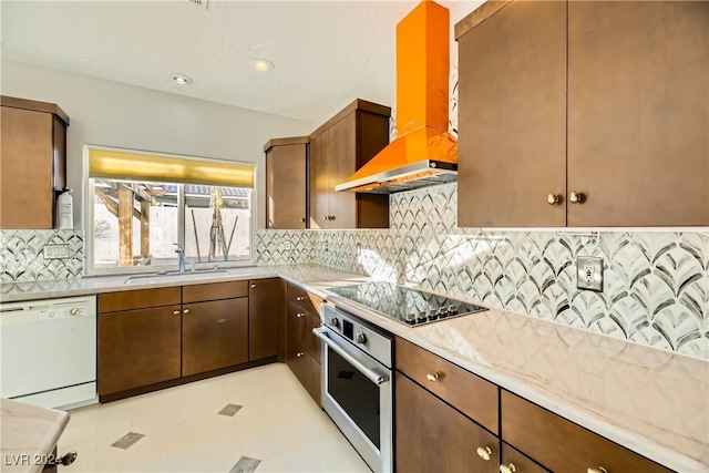 kitchen with stainless steel oven, sink, extractor fan, dishwasher, and black electric stovetop