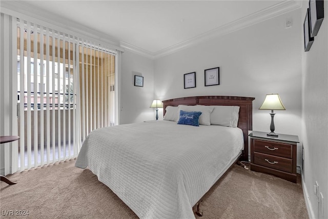 bedroom with light colored carpet and ornamental molding