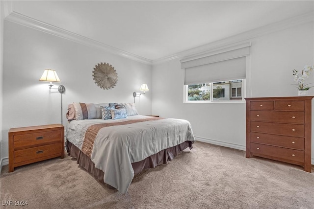 carpeted bedroom with crown molding