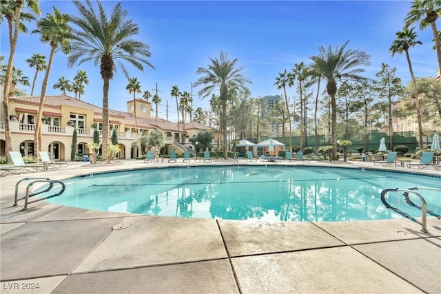 view of swimming pool featuring a patio