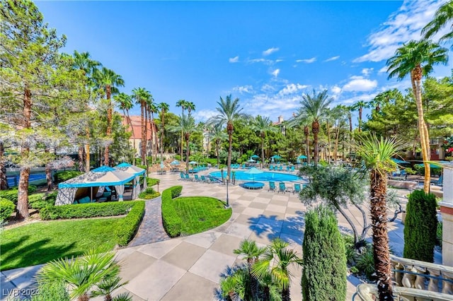 view of swimming pool featuring a patio