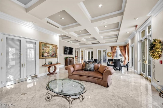 living room featuring coffered ceiling, crown molding, beamed ceiling, and french doors