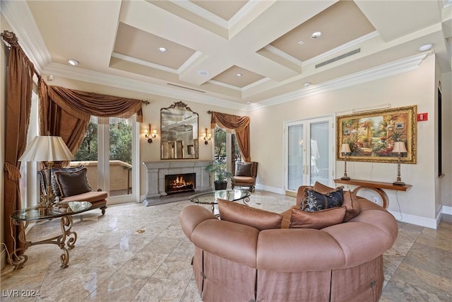 living room with beam ceiling, french doors, coffered ceiling, and ornamental molding