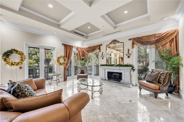 interior space featuring beam ceiling, ornamental molding, french doors, and coffered ceiling