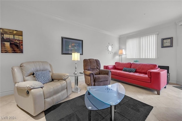 living room featuring light tile patterned floors and ornamental molding