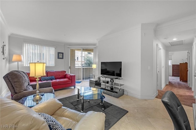 tiled living room with ornamental molding