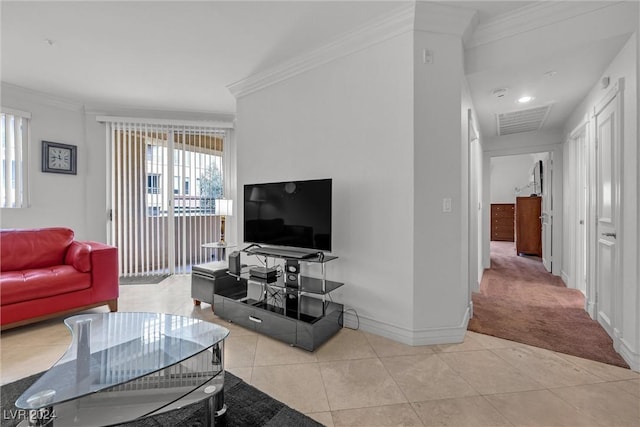 living room featuring light tile patterned flooring and ornamental molding