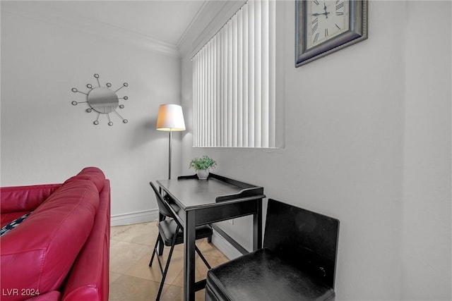 office with light tile patterned floors and crown molding