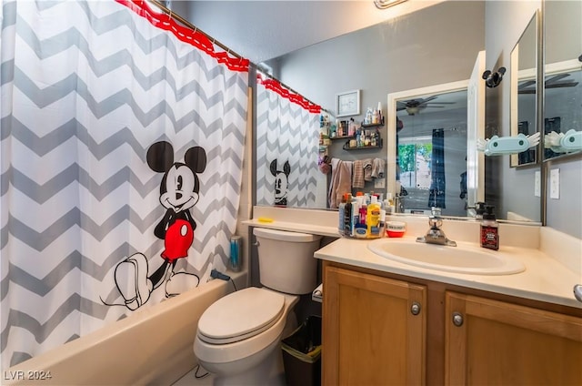 full bathroom with vanity, toilet, shower / bathtub combination with curtain, and ceiling fan