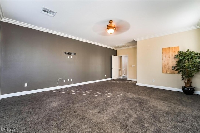 carpeted empty room with crown molding and ceiling fan