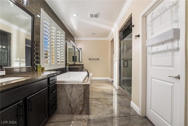 bathroom featuring shower with separate bathtub, vanity, and ornamental molding