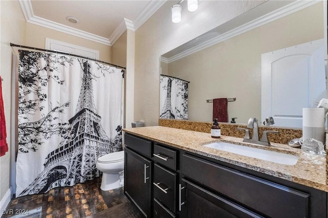 bathroom featuring vanity, hardwood / wood-style flooring, toilet, and crown molding