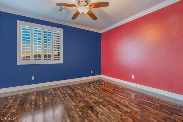 unfurnished room with ceiling fan, hardwood / wood-style floors, and ornamental molding