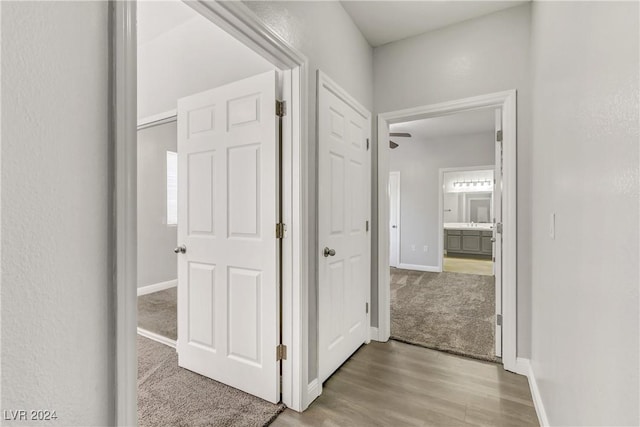 hall with hardwood / wood-style floors