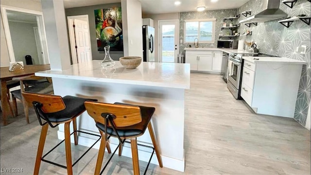 kitchen featuring wall chimney exhaust hood, stainless steel appliances, a kitchen breakfast bar, backsplash, and white cabinets