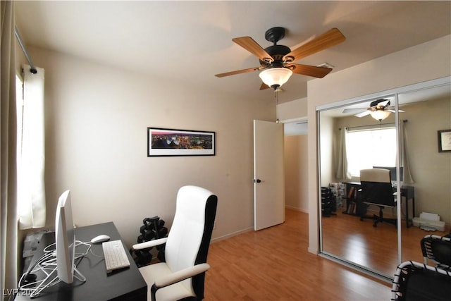 office area featuring hardwood / wood-style flooring and ceiling fan