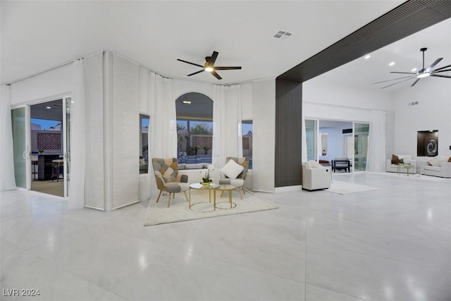 interior space featuring ceiling fan