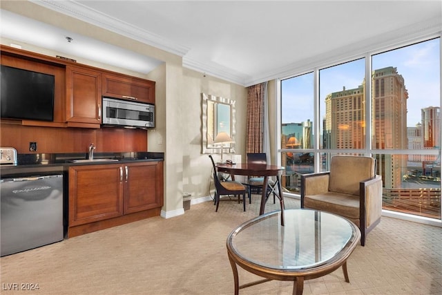 kitchen featuring stainless steel appliances, floor to ceiling windows, ornamental molding, and sink