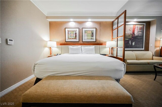 135 E Harmon Ave Unit 407, Las Vegas, NV 89109 - bedroom with crown molding, baseboards, and tile patterned floors