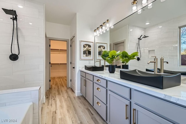 bathroom featuring vanity, plus walk in shower, and wood-type flooring