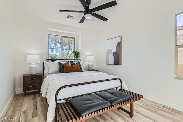 bedroom featuring ceiling fan and light hardwood / wood-style floors