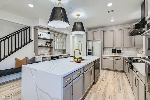 kitchen with pendant lighting, sink, gray cabinets, stainless steel appliances, and a center island with sink