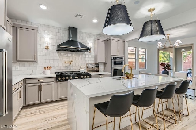 kitchen with decorative light fixtures, a kitchen island with sink, decorative backsplash, and wall chimney range hood