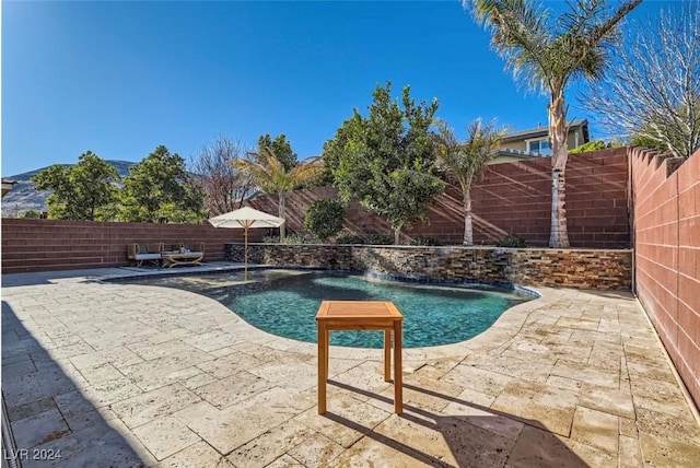 view of swimming pool with a patio and pool water feature