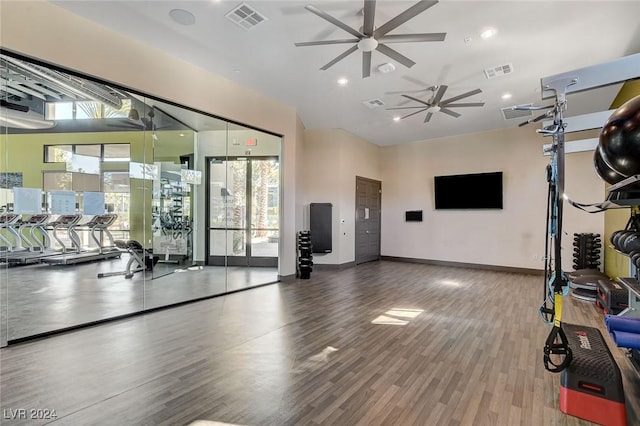 exercise room featuring a wealth of natural light and hardwood / wood-style flooring