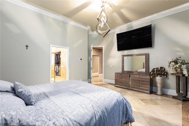 bedroom featuring a towering ceiling and crown molding