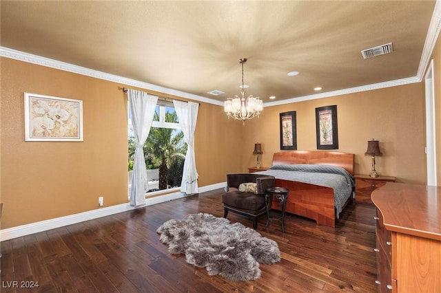 bedroom with dark hardwood / wood-style flooring, crown molding, and a chandelier