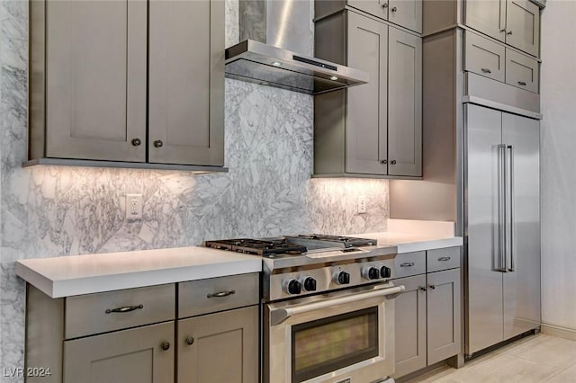 kitchen with decorative backsplash, wall chimney range hood, light tile patterned floors, high quality appliances, and gray cabinets