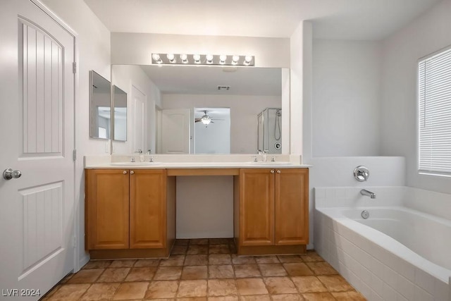 bathroom with vanity, separate shower and tub, and ceiling fan