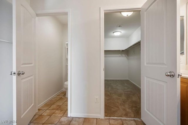 walk in closet with light carpet