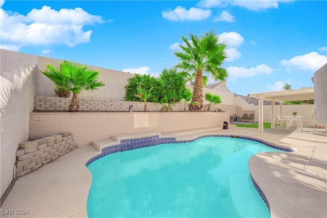 view of swimming pool featuring a pergola and a patio